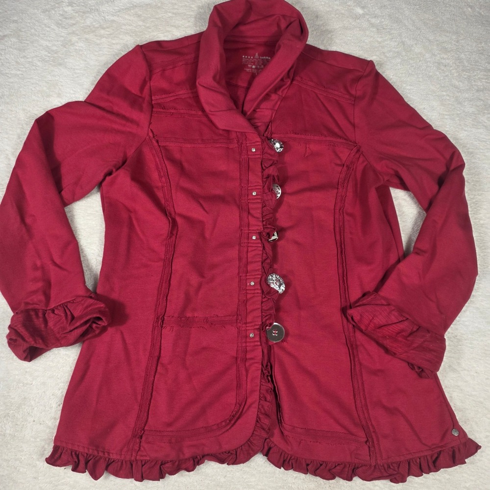 Neon Buddha‎ Ruffle Button Up  Red Jacket Women L Unique  Buttons Boho Lagenlook